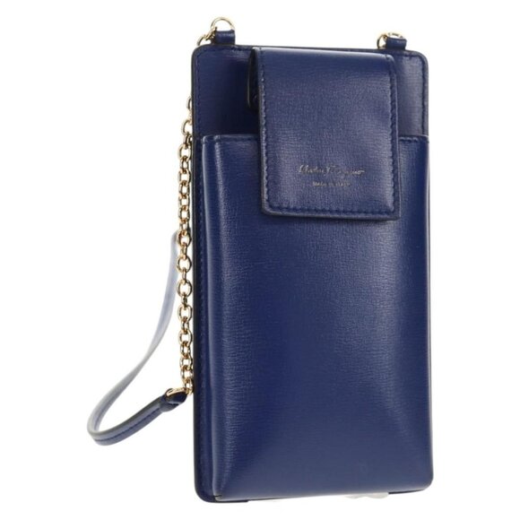 Authentic Salvatore Ferragamo Vara Chain Shoulder Phone Case Vala Blue